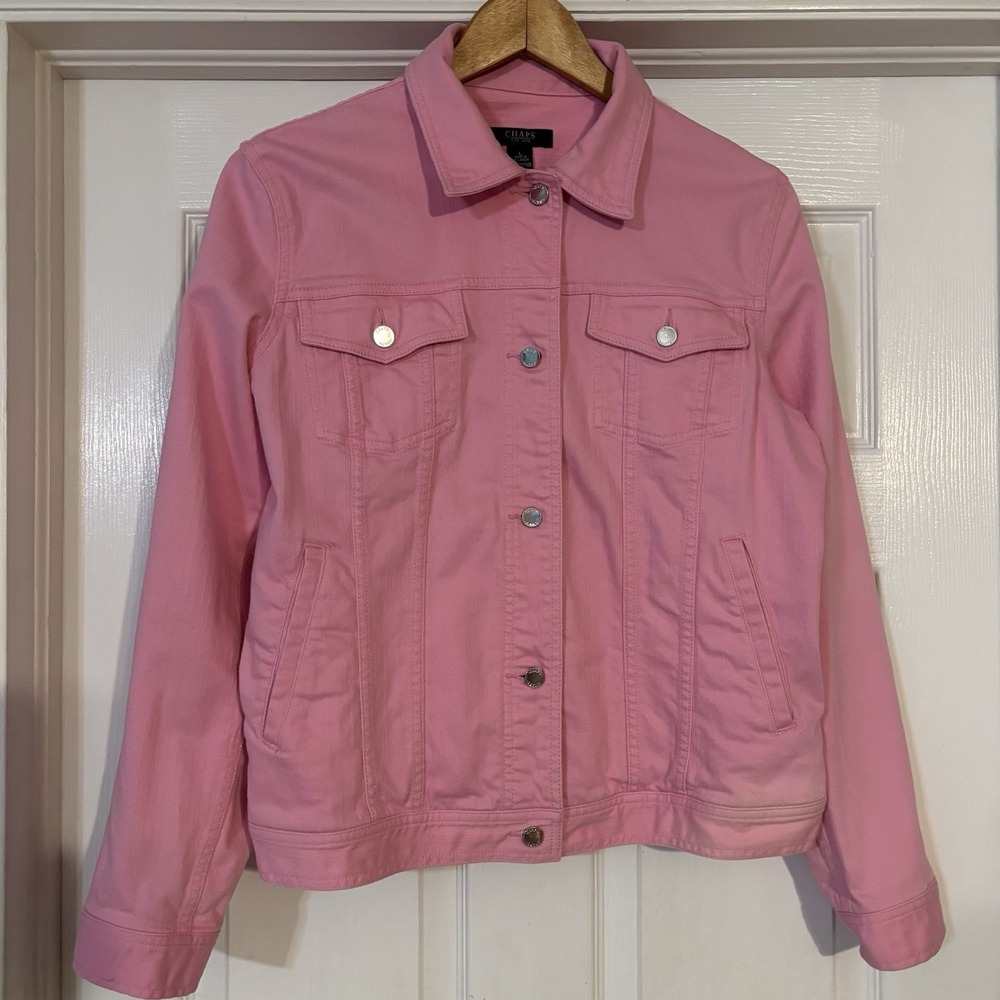 Chaps Women's Bubblegum Pink Jean Denim Jacket Sz Large-See Pics For Faded Spots